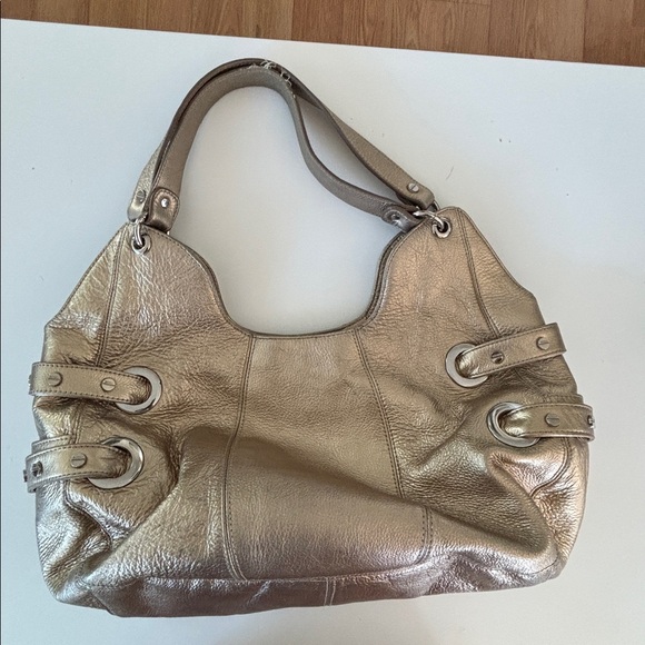 BODHI BRAND GOLD METALLIC LEATHER SHOULDER BAG SILVER HARDWARE WITH SILVER STUDS